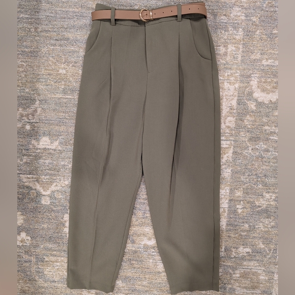 Zara Pleated Pants Trousers With Belt Size XS Green - Picture 2 of 5